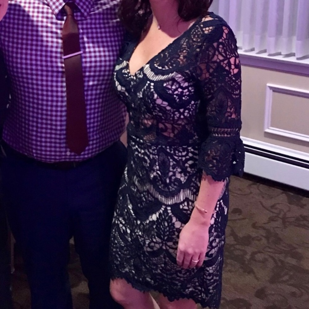 navy and cream crochet dress with bell sleeves